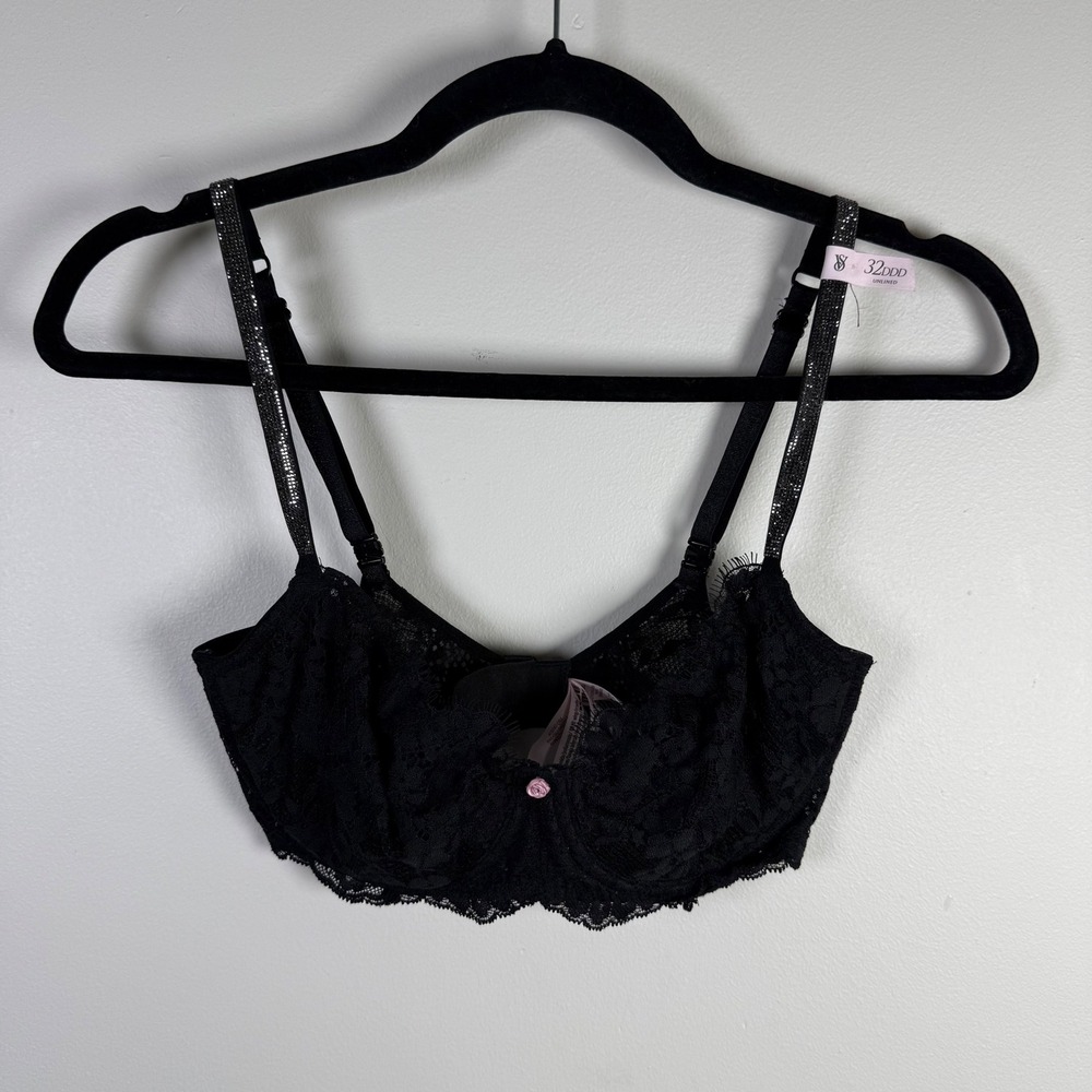 New Victoria's Secret Dream Angels Black Lace Push Up Bra Size 32 DDD Rhinestone